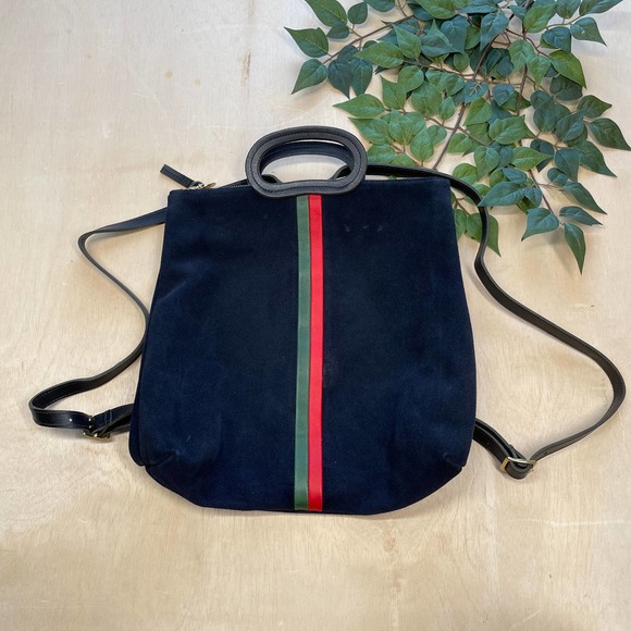 Clare V Handbags - Clare V. Marcelle Backpack Navy Blue Suede Black Leather Red Green Stripe Vivier